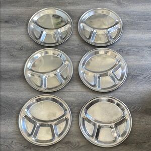 Set of Six Stainless steel compartment Divided dinner Plates